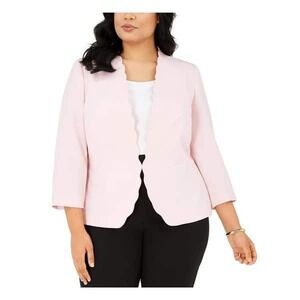 Kasper Womens Scallop Edge Open Front Blazer Pastel Pink 3/4 Sleeve Size 14